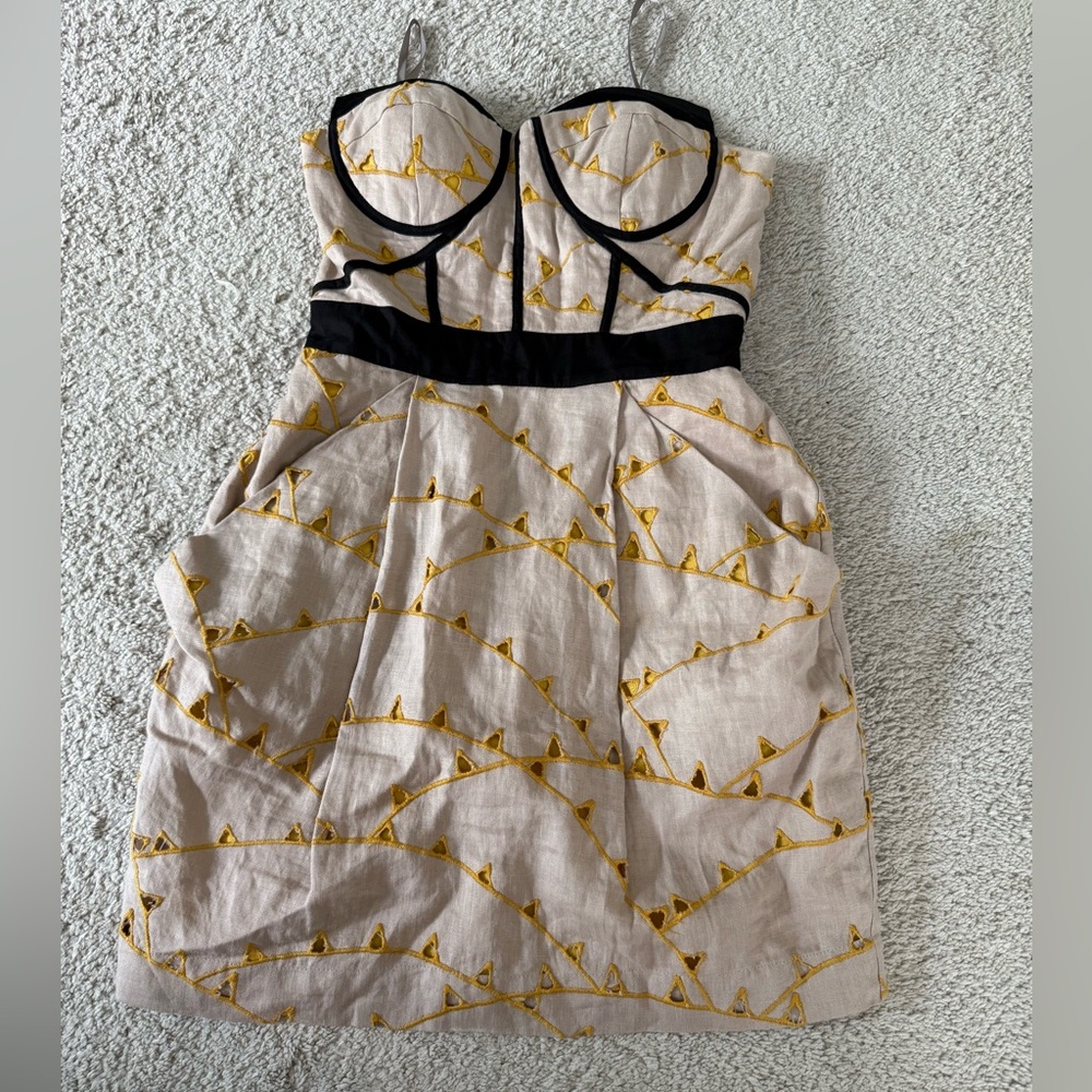 Hype Corset Style Linen Cream Strapless Sheath Dress for Cocktail